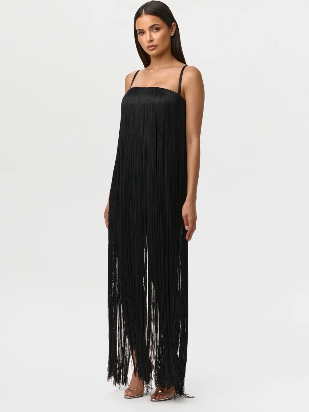 NWT Naked Wardrobe Black Fringe Stirrup Jumpsuit with Spaghetti Straps